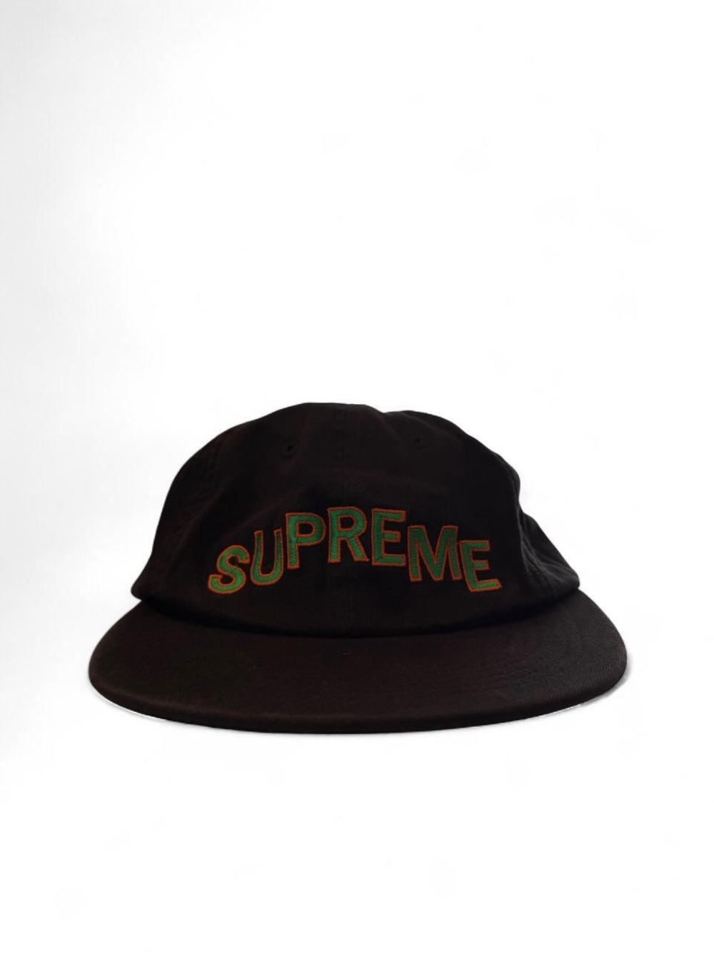 Supreme Black 5-Panel Cap with Green & Red Embroidered Logo